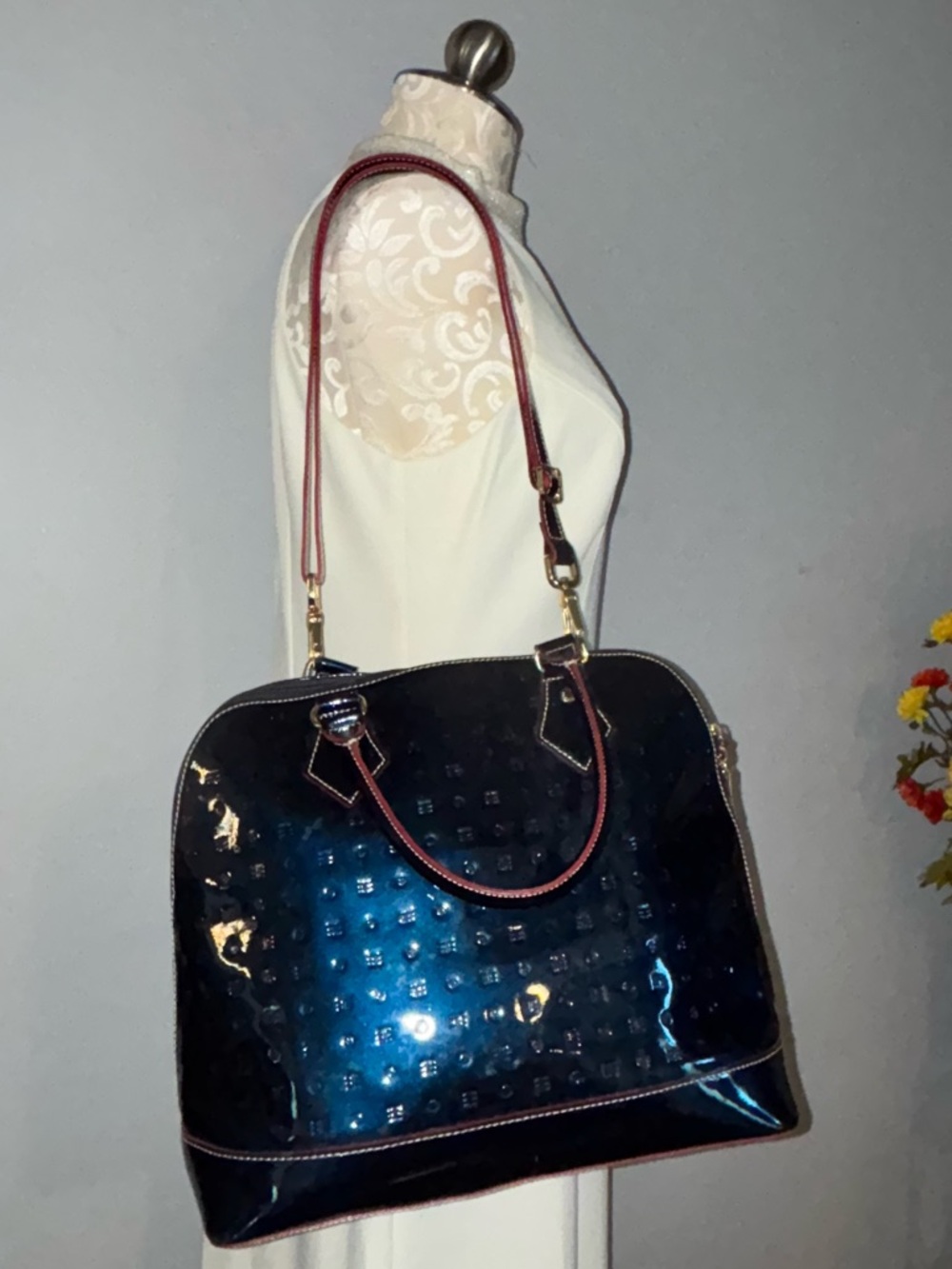 Arcadia Firenze Embossed Patent Leather Dome Satchel Navy Red Trim Italy